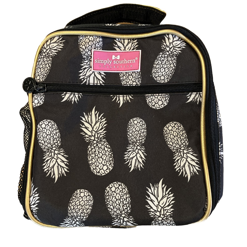 Simply Southern Pineapple Lunchbox Black White Gold Zip Closer Handle Pockets